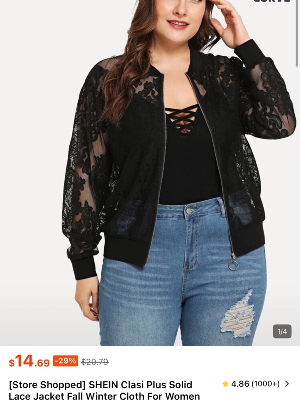 SHEIN Black Plus Size Lace Bomber Jacket